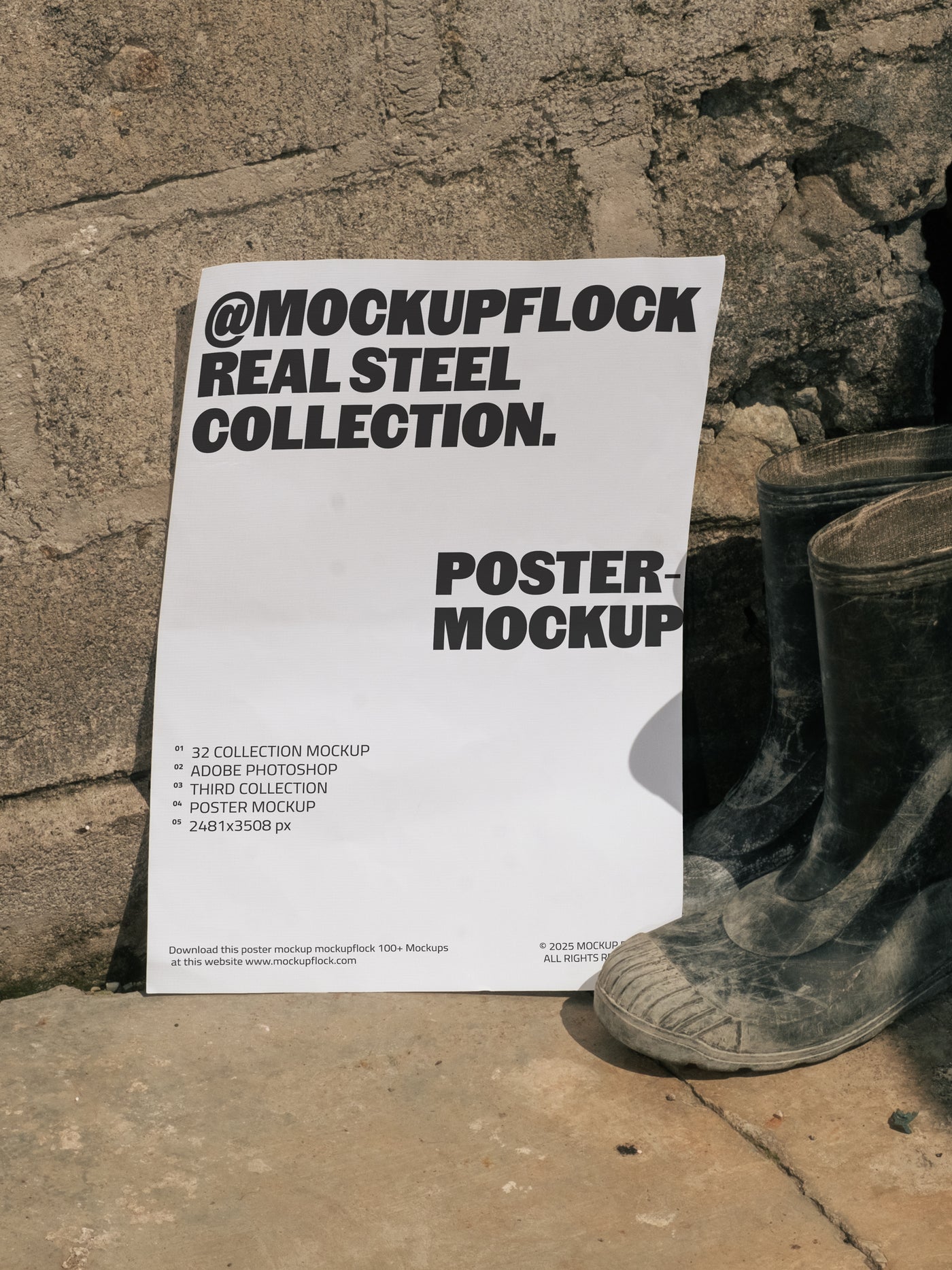 MockupFlock Real Steel Collection poster mockup leaning against a rough concrete wall beside a pair of dusty black boots, showcasing industrial textures and natural lighting.