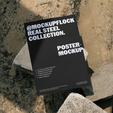 MockupFlock Real Steel Collection poster mockup placed on rough concrete blocks, showcasing realistic textures, natural shadows, and industrial atmosphere.