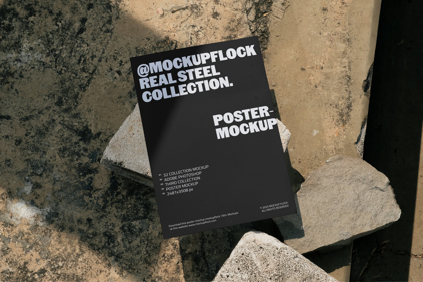 MockupFlock Real Steel Collection poster mockup placed on rough concrete blocks, showcasing realistic textures, natural shadows, and industrial atmosphere.