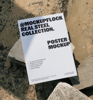MockupFlock Real Steel Collection poster mockup placed on rough concrete blocks, showcasing realistic textures, natural shadows, and industrial atmosphere.