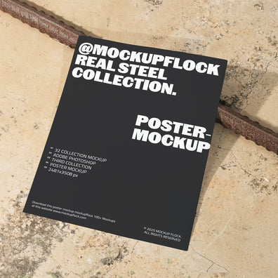 Poster mockup from Mockup Flock Real Steel Collection displayed on concrete floor with industrial rusted steel background for realistic branding presentation.