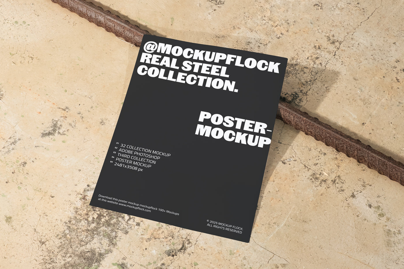 Poster mockup from Mockup Flock Real Steel Collection displayed on concrete floor with industrial rusted steel background for realistic branding presentation.