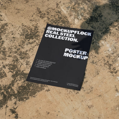 Poster mockup from Mockup Flock Real Steel Collection displayed on concrete floor with industrial background for realistic branding presentation.