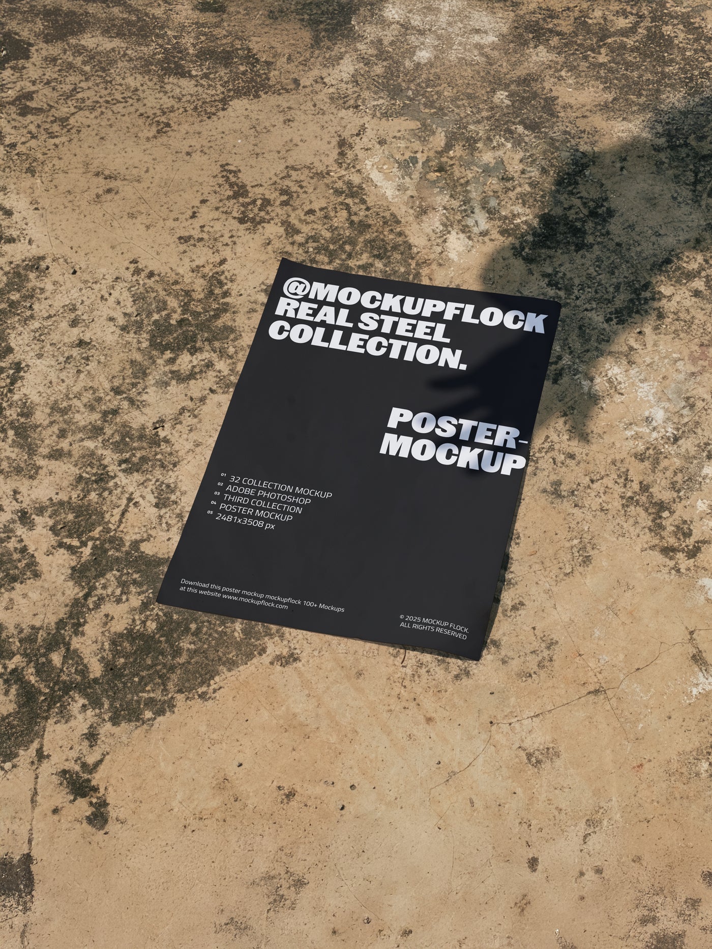 Poster mockup from Mockup Flock Real Steel Collection displayed on concrete floor with industrial background for realistic branding presentation.