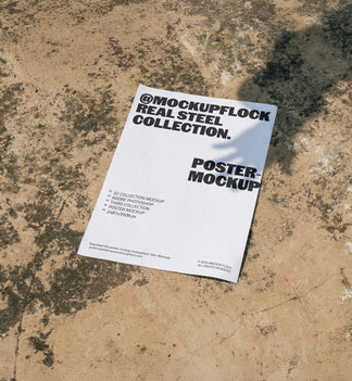 Poster mockup from Mockup Flock Real Steel Collection displayed on concrete floor with industrial background for realistic branding presentation.