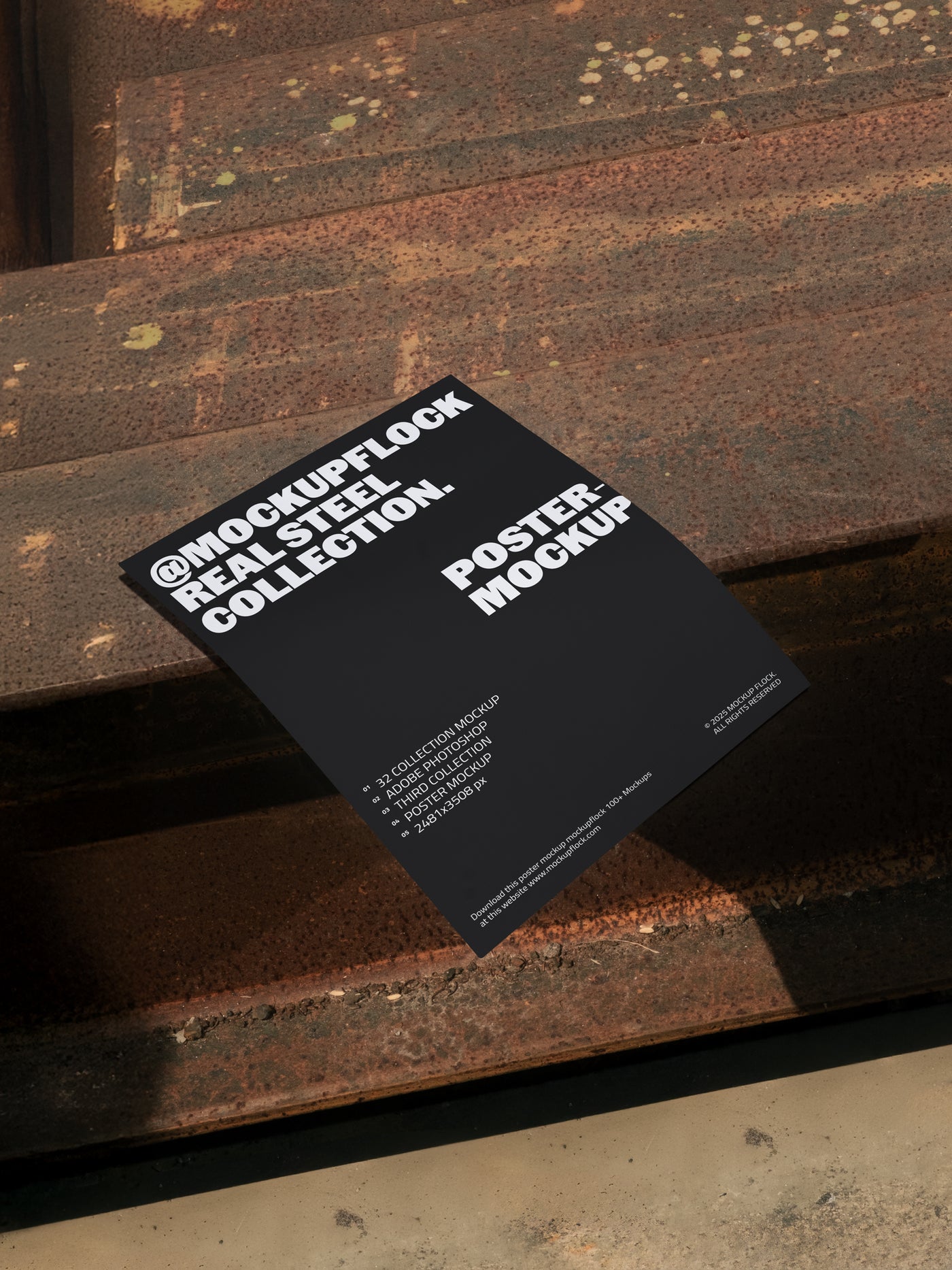 Poster mockup from Mockup Flock Real Steel Collection placed on rusted steel surface for industrial-style product presentation.