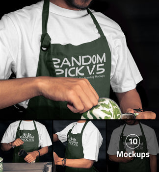 Complete coffee branding mockup bundle showing barista apron, ID badge, iPhone screen, and A4 poster in a dark moody editorial style, ideal for cafe and coffee shop brand identity design