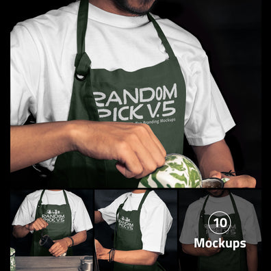 Complete coffee branding mockup bundle showing barista apron, ID badge, iPhone screen, and A4 poster in a dark moody editorial style, ideal for cafe and coffee shop brand identity design