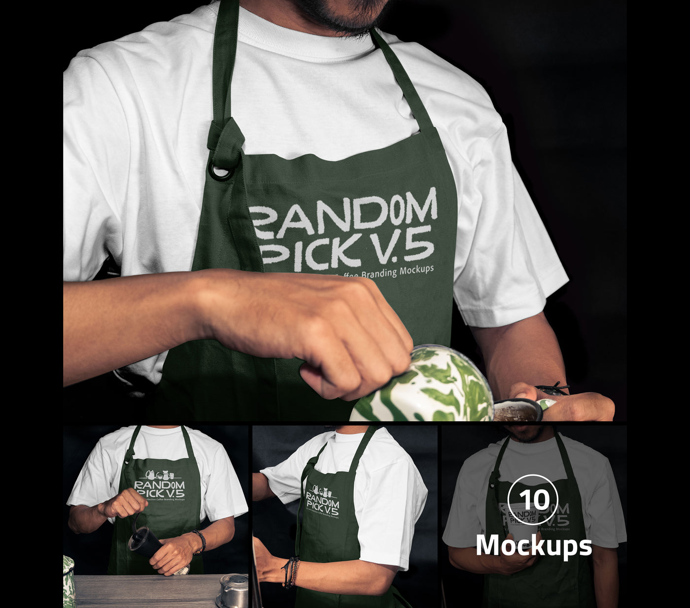 Complete coffee branding mockup bundle showing barista apron, ID badge, iPhone screen, and A4 poster in a dark moody editorial style, ideal for cafe and coffee shop brand identity design