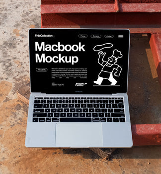 High quality Macbook mockup leaning on a steel frame. Aesthetic device mockup created for Adobe Photoshop by Mockup Flock