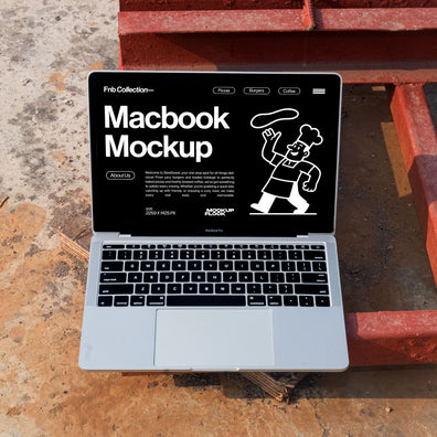 High quality Macbook mockup leaning on a steel frame. Aesthetic device mockup created for Adobe Photoshop by Mockup Flock