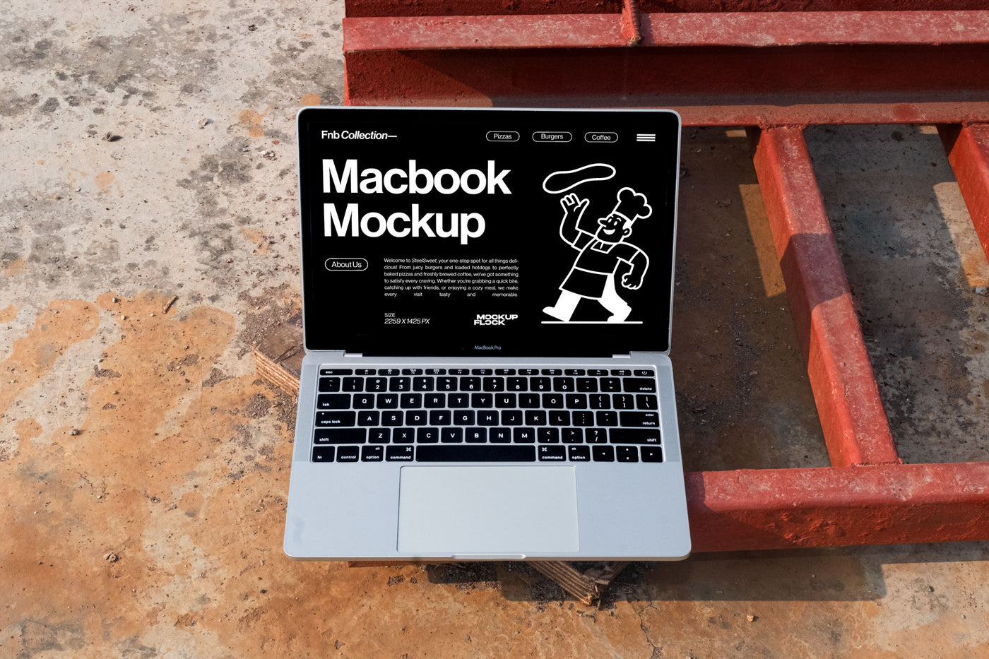 High quality Macbook mockup leaning on a steel frame. Aesthetic device mockup created for Adobe Photoshop by Mockup Flock