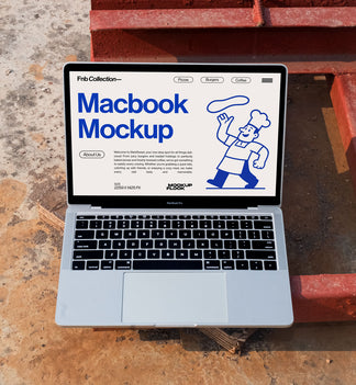 High quality Macbook mockup leaning on a steel frame. Aesthetic device mockup created for Adobe Photoshop by Mockup Flock