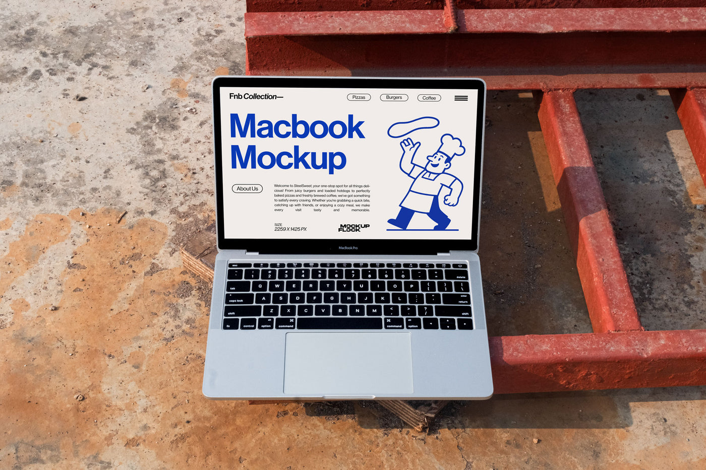High quality Macbook mockup leaning on a steel frame. Aesthetic device mockup created for Adobe Photoshop by Mockup Flock