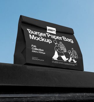 High quality Paper bag mockup leaning on a roof car. Aesthetic packaging mockup created for Adobe Photoshop by Mockup Flock