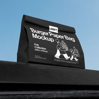 High quality Paper bag mockup leaning on a roof car. Aesthetic packaging mockup created for Adobe Photoshop by Mockup Flock