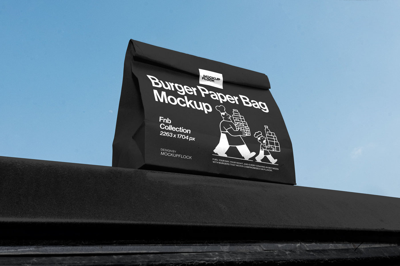 High quality Paper bag mockup leaning on a roof car. Aesthetic packaging mockup created for Adobe Photoshop by Mockup Flock