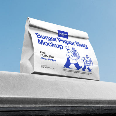 High quality Paper bag mockup leaning on a roof car. Aesthetic packaging mockup created for Adobe Photoshop by Mockup Flock