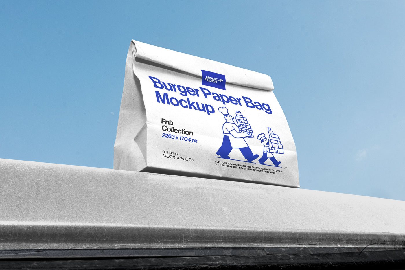 High quality Paper bag mockup leaning on a roof car. Aesthetic packaging mockup created for Adobe Photoshop by Mockup Flock