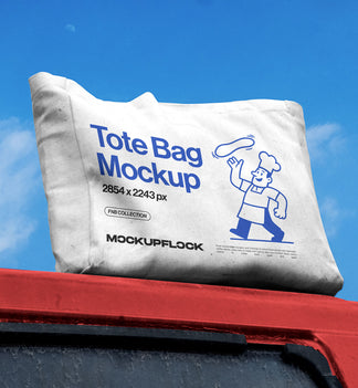 High quality Tote Bag mockup leaning on a roof car. Aesthetic apparel mockup created for Adobe Photoshop by Mockup Flock.