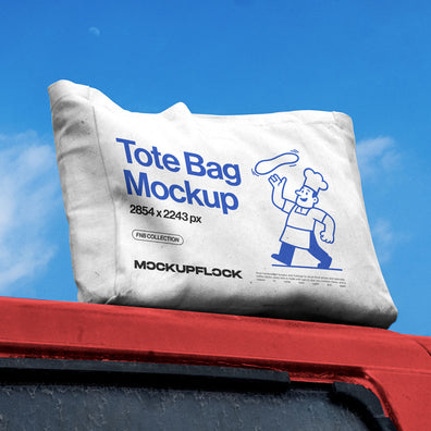 High quality Tote Bag mockup leaning on a roof car. Aesthetic apparel mockup created for Adobe Photoshop by Mockup Flock.