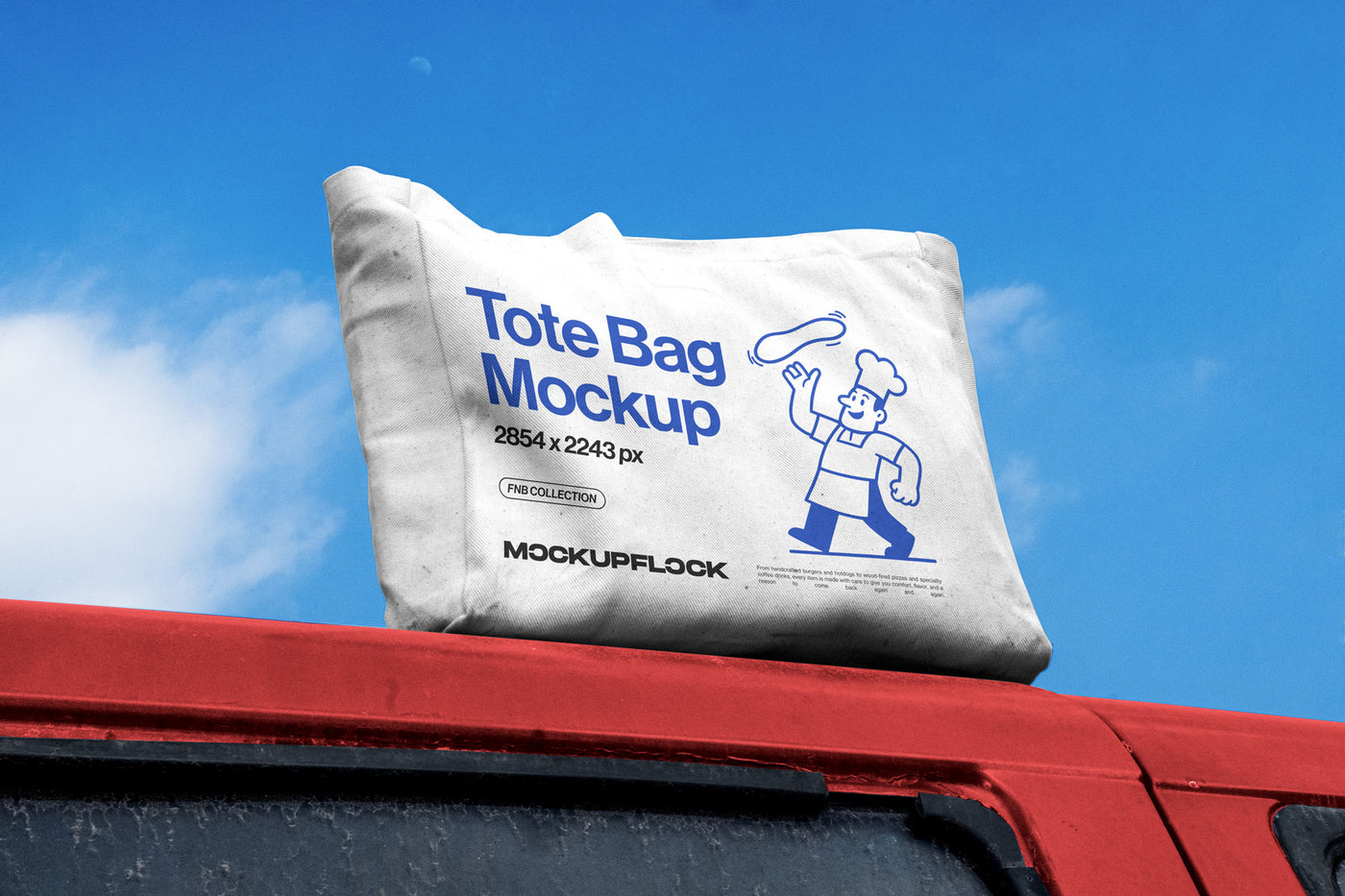 High quality Tote Bag mockup leaning on a roof car. Aesthetic apparel mockup created for Adobe Photoshop by Mockup Flock.