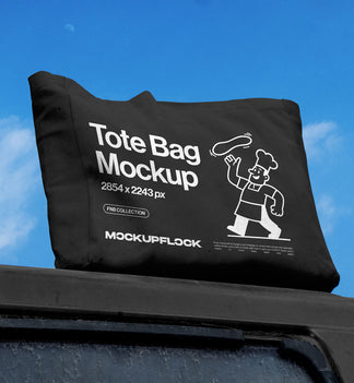 High quality Tote Bag mockup leaning on a roof car. Aesthetic apparel mockup created for Adobe Photoshop by Mockup Flock.