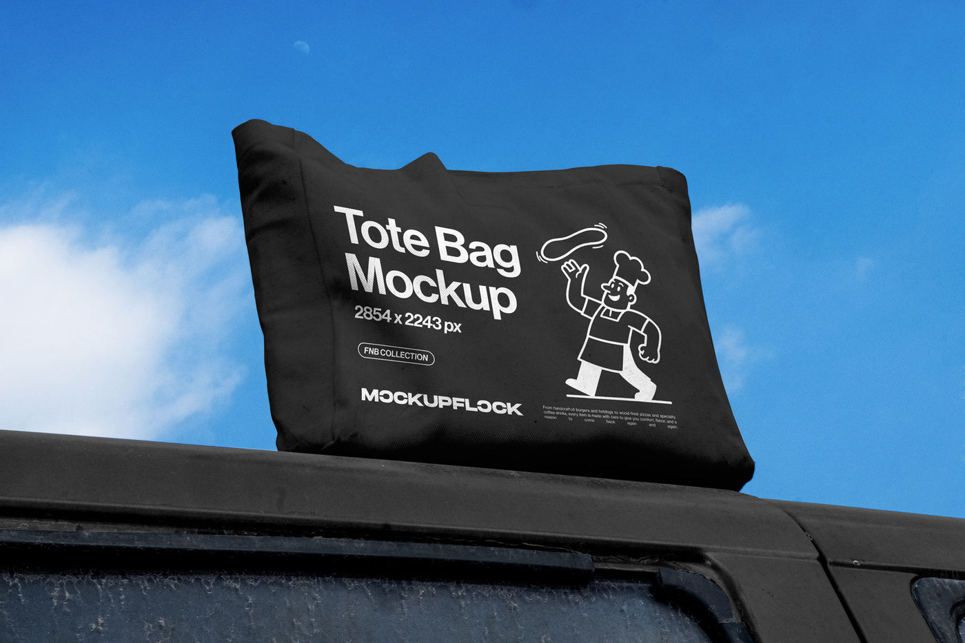 High quality Tote Bag mockup leaning on a roof car. Aesthetic apparel mockup created for Adobe Photoshop by Mockup Flock.
