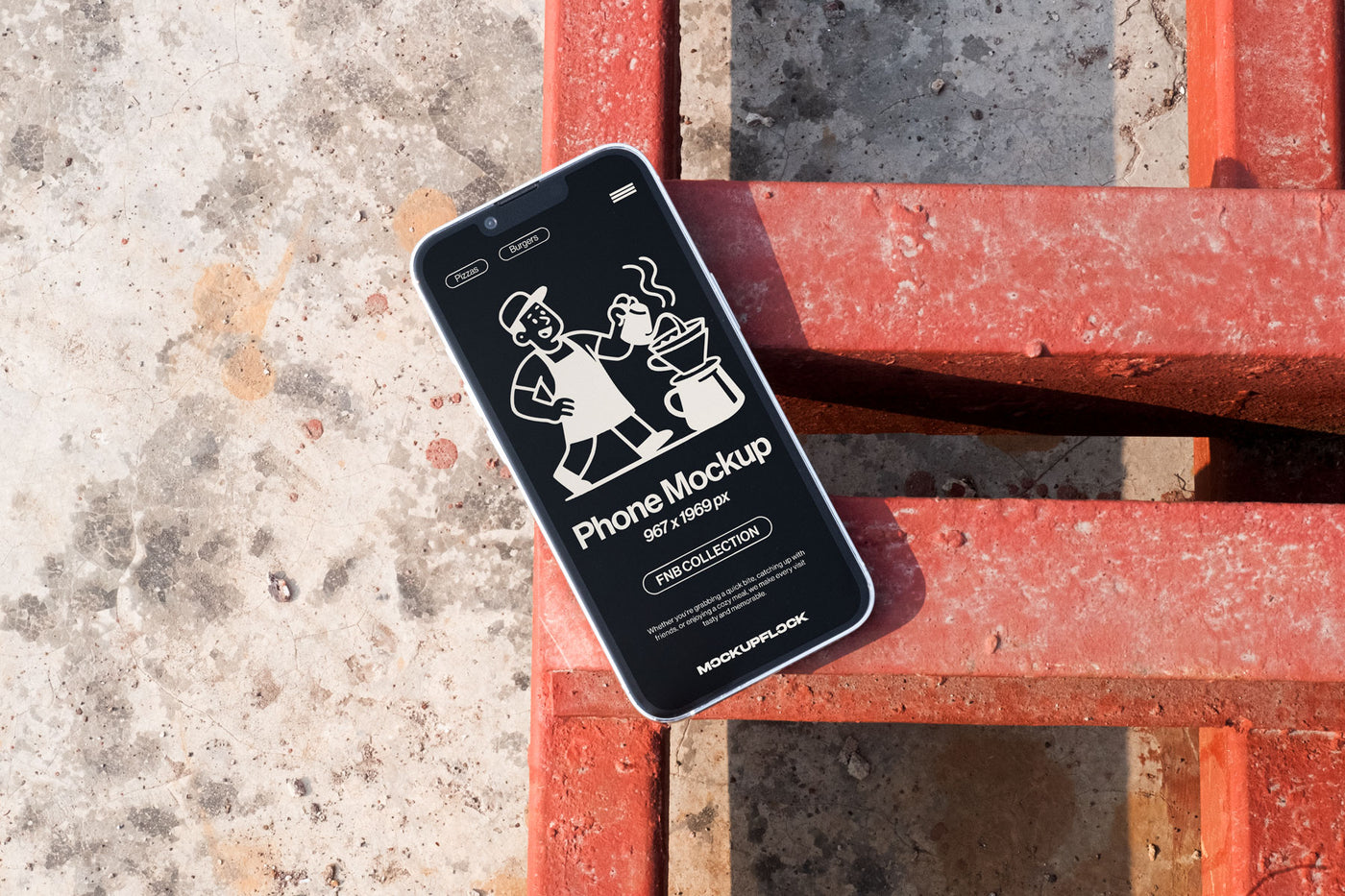 High quality free iphone mockup leaning on a steel frame. Aesthetic device mockup created for Adobe Photoshop by Mockup Flock