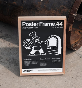 High quality Poster mockup leaning on a steel. Aesthetic print mockup created for Adobe Photoshop by Mockup Flock.