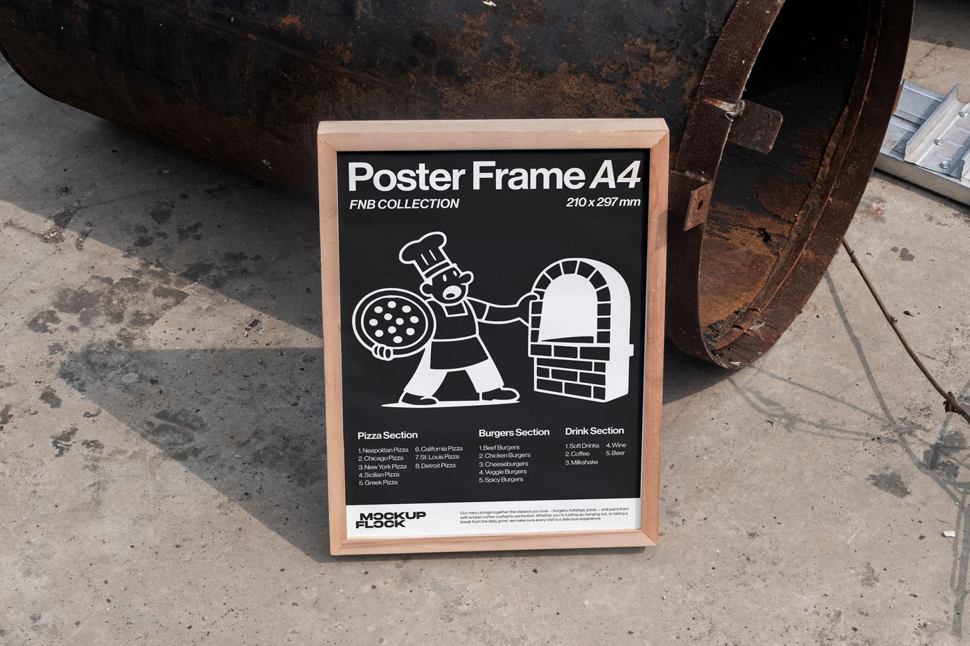 High quality Poster mockup leaning on a steel. Aesthetic print mockup created for Adobe Photoshop by Mockup Flock.