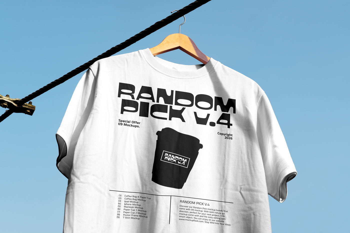 T shirt on a hanger against a clear blue sky