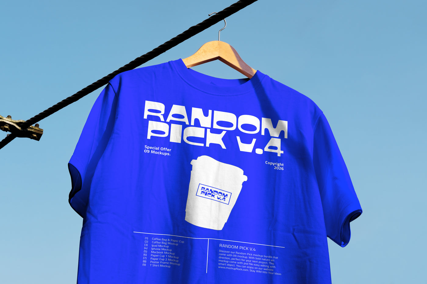 T shirt on a hanger against a clear blue sky