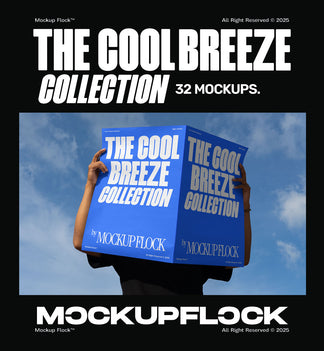 A person holds a poster that says "THE COOL BREEZE COLLECTION BY MOCKUP FLOCK" in bold text, on a blue sky background.