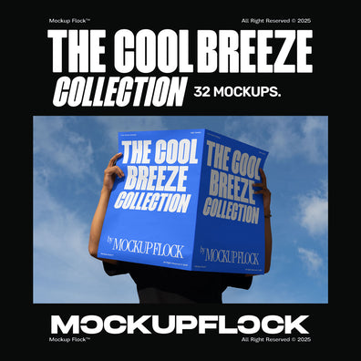 A person holds a poster that says "THE COOL BREEZE COLLECTION BY MOCKUP FLOCK" in bold text, on a blue sky background.