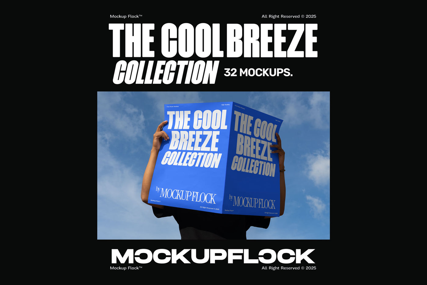 A person holds a poster that says "THE COOL BREEZE COLLECTION BY MOCKUP FLOCK" in bold text, on a blue sky background.
