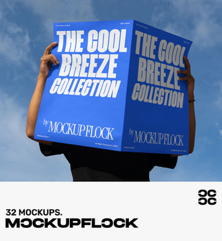 A person holds a poster that says "THE COOL BREEZE COLLECTION BY MOCKUP FLOCK" in bold text, on a blue sky background.