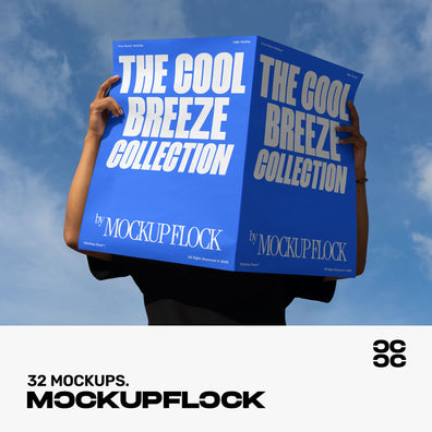A person holds a poster that says "THE COOL BREEZE COLLECTION BY MOCKUP FLOCK" in bold text, on a blue sky background.