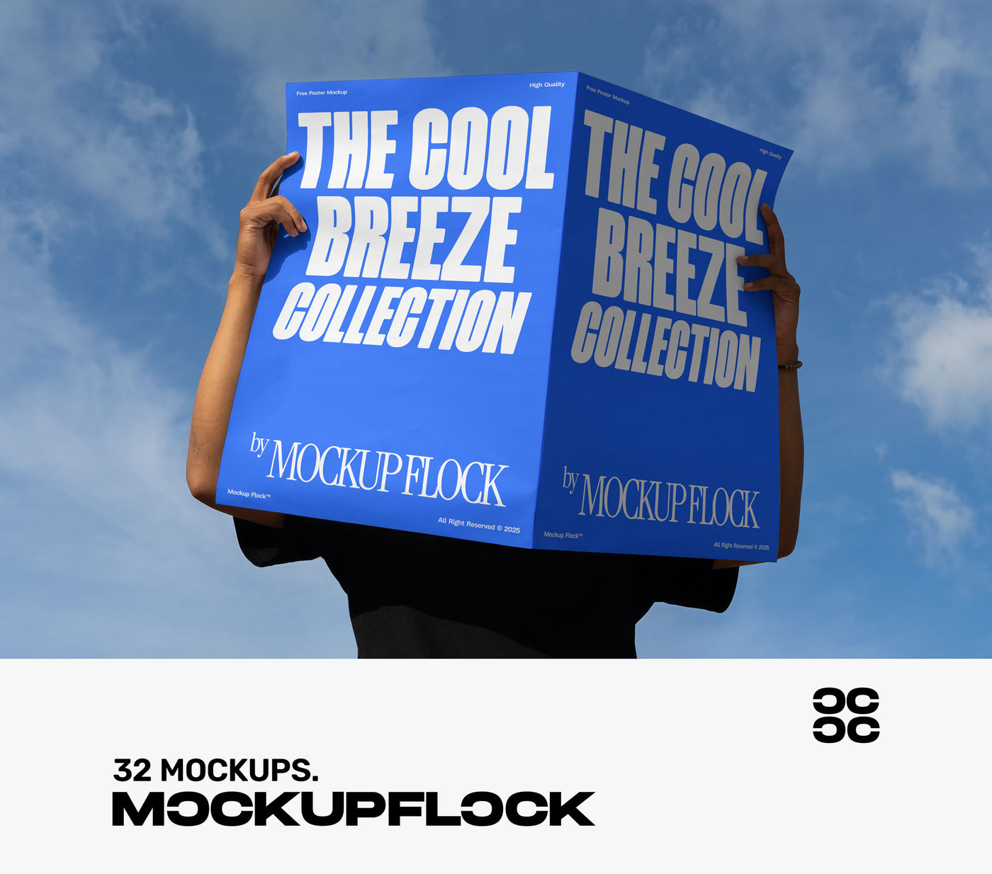 A person holds a poster that says "THE COOL BREEZE COLLECTION BY MOCKUP FLOCK" in bold text, on a blue sky background.