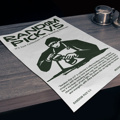 White A4 paper poster lying flat on a wooden table with a Vietnamese coffee drip and metal stand in the background, dark moody atmosphere for coffee brand poster mockup