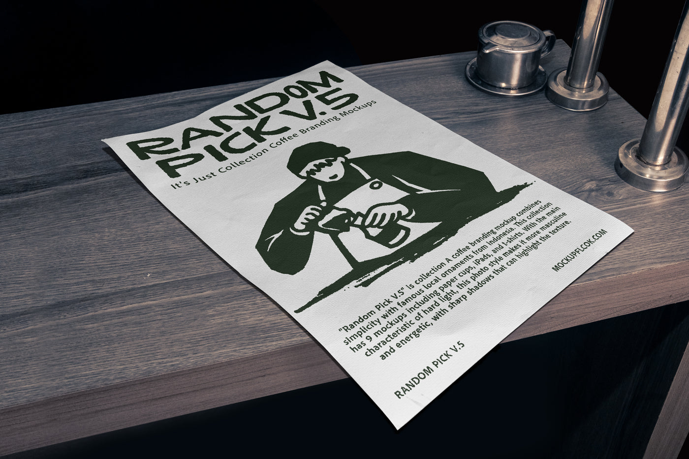 White A4 paper poster lying flat on a wooden table with a Vietnamese coffee drip and metal stand in the background, dark moody atmosphere for coffee brand poster mockup