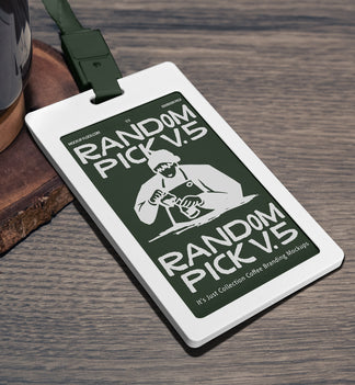 White plastic ID card badge with green lanyard lying at an angle on a rustic wooden table next to a coffee mug and wood coaster, perfect for cafe staff badge branding mockup