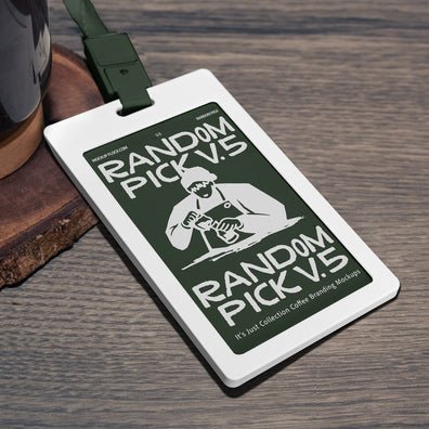 White plastic ID card badge with green lanyard lying at an angle on a rustic wooden table next to a coffee mug and wood coaster, perfect for cafe staff badge branding mockup