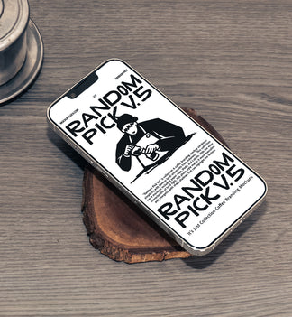 White iPhone lying flat at an angle on a wood slice next to a Vietnamese coffee drip filter on a rustic wooden table, dark moody flat lay phone mockup for cafe branding