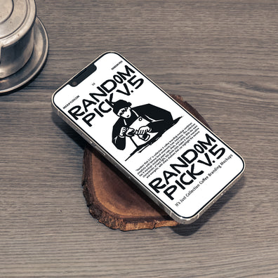 White iPhone lying flat at an angle on a wood slice next to a Vietnamese coffee drip filter on a rustic wooden table, dark moody flat lay phone mockup for cafe branding