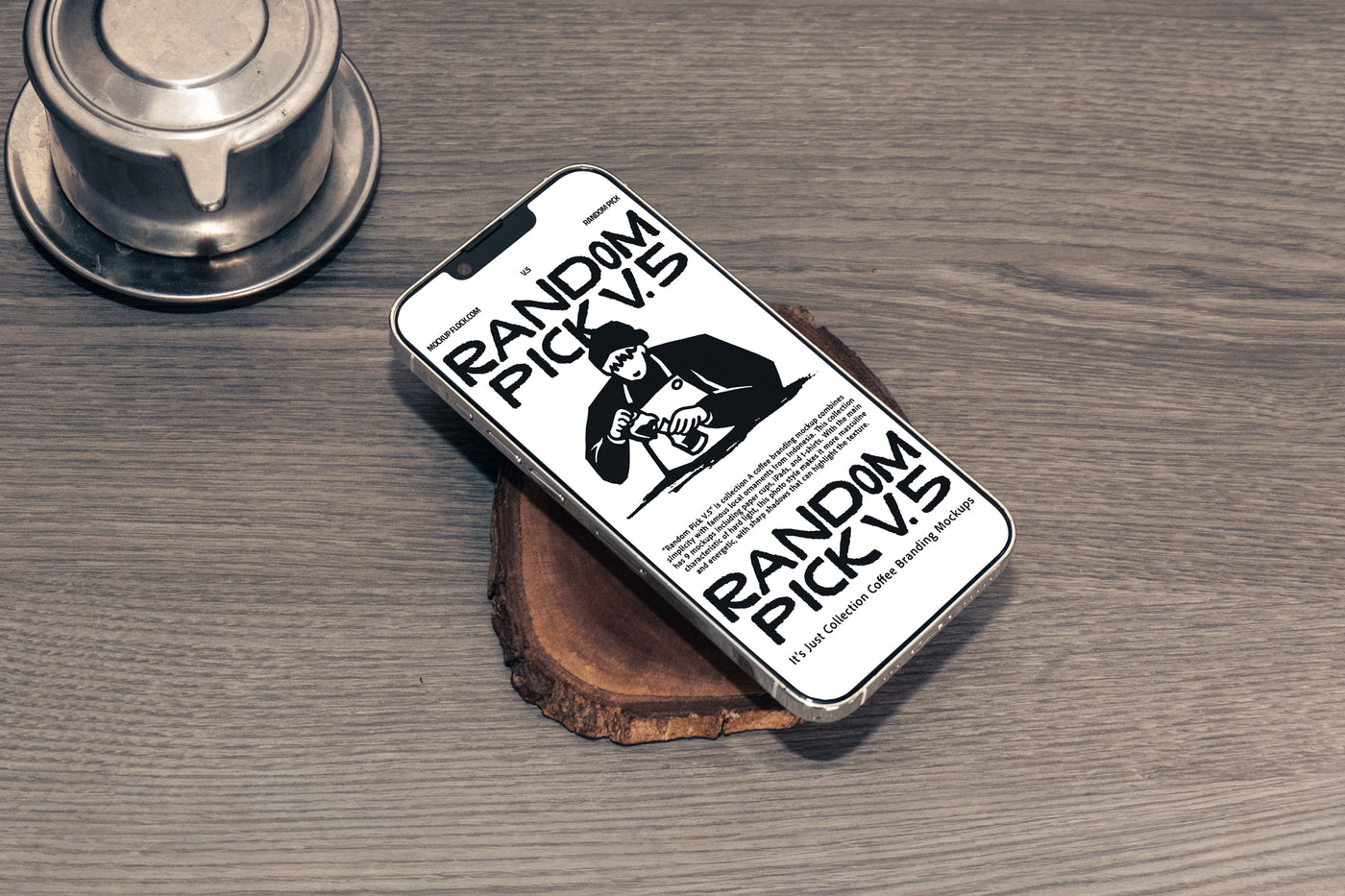 White iPhone lying flat at an angle on a wood slice next to a Vietnamese coffee drip filter on a rustic wooden table, dark moody flat lay phone mockup for cafe branding
