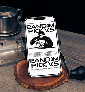 White iPhone standing upright on a wood slice coaster surrounded by coffee props including a manual grinder and Vietnamese drip filter on a wooden table with dark background