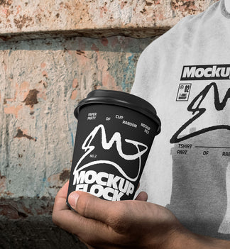 Person wearing a white t-shirt holding a black paper coffee cup with custom branding against an urban textured wall