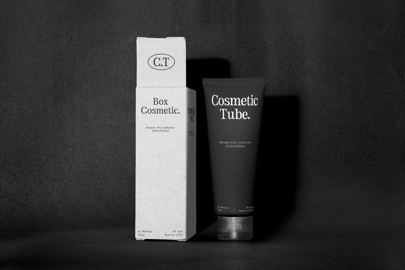 A black cosmetic tube labeled 'Cosmetic Tube.' stands next to a tall white box labeled 'Box Cosmetic.