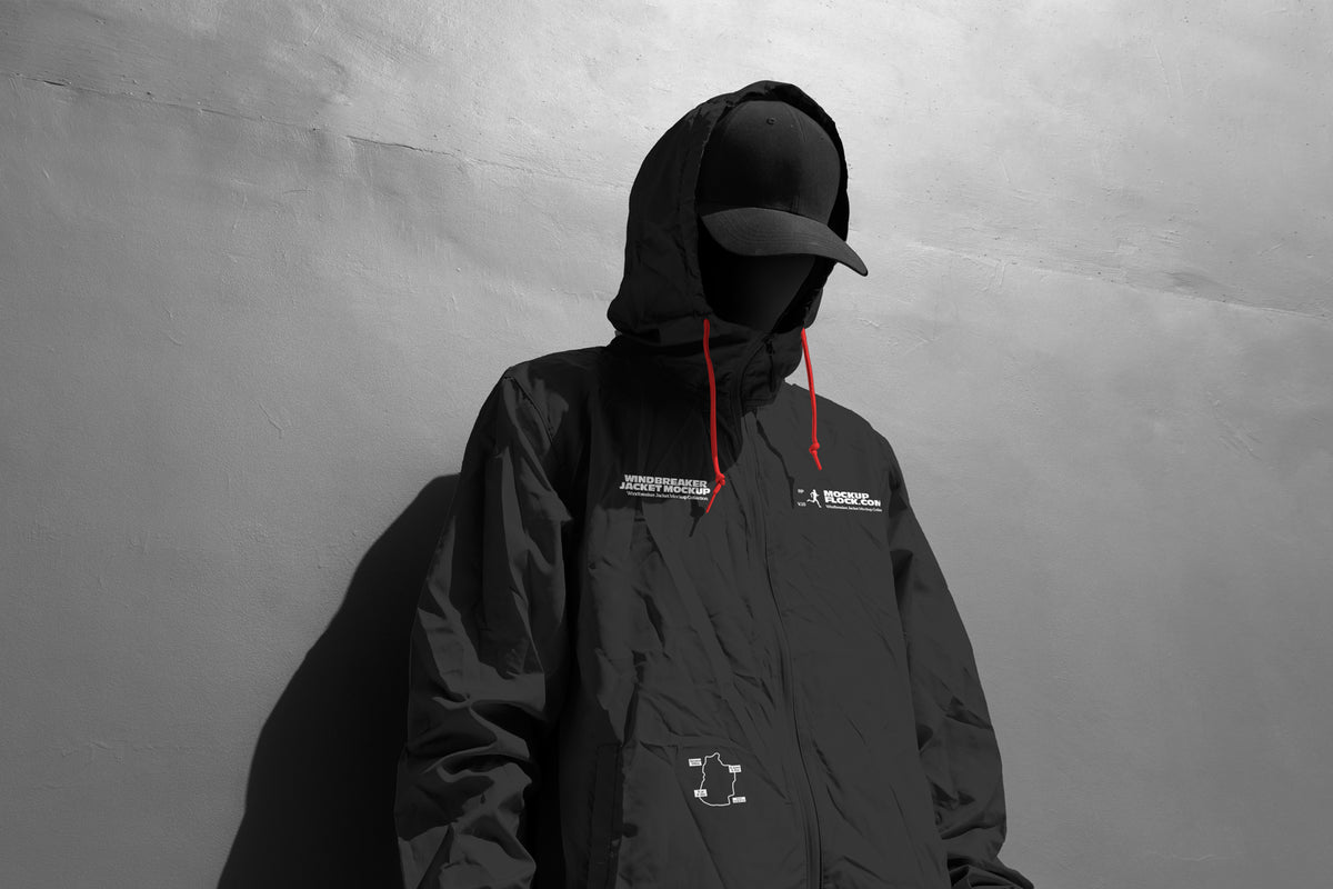 Black and white close-up hooded jacket mockup front view with chest logo and yellow drawstrings